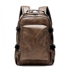 kozsports:Men Business PU Leather Solid Backpack Casual Computer Bag